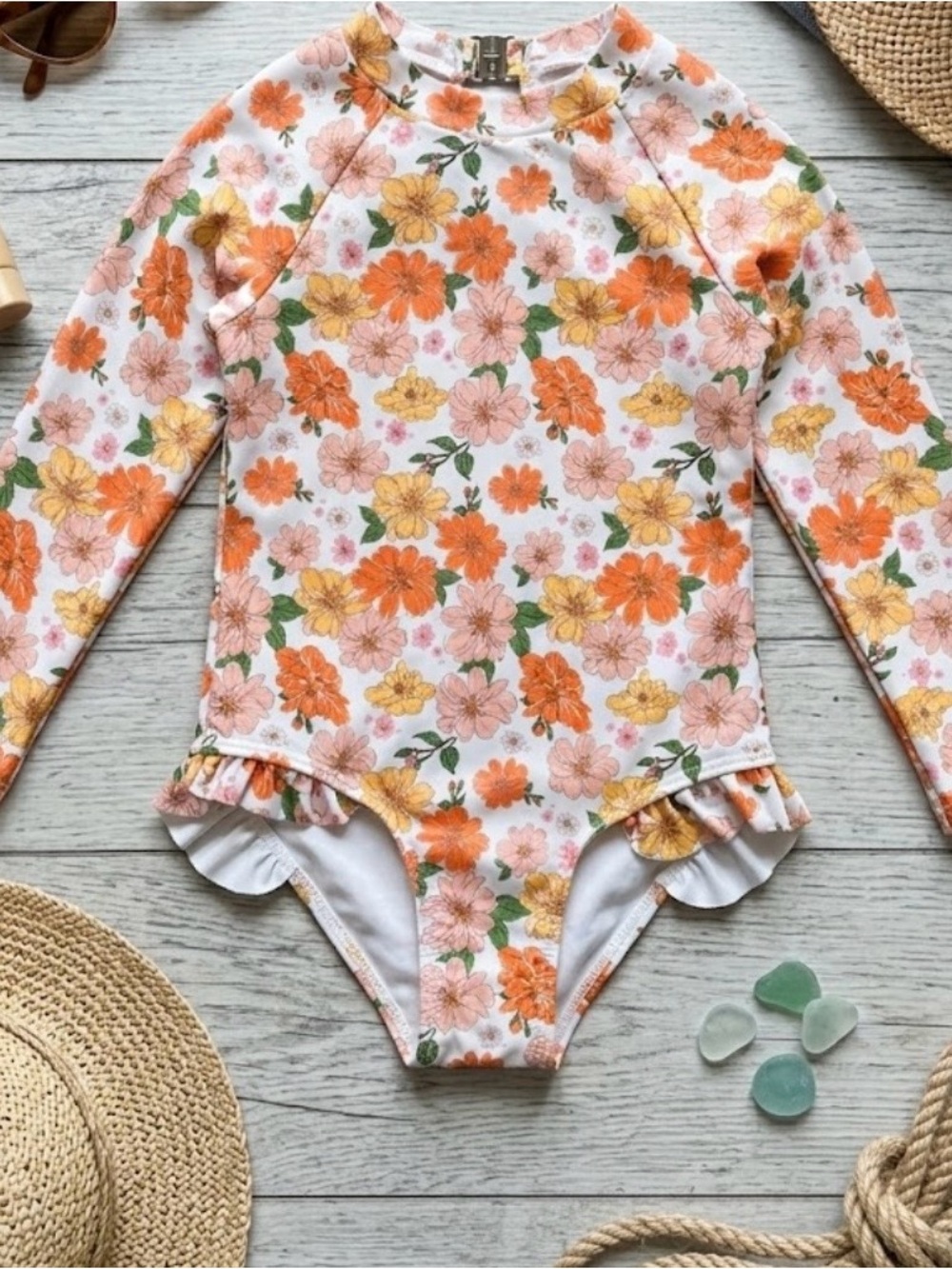Toddler Girl Long Sleeve Floral Ruffle One-Piece Swimsuit - Orange & Yellow 4-5t